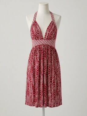 Y2K London Times Red Halter Dress with White Swirl Print